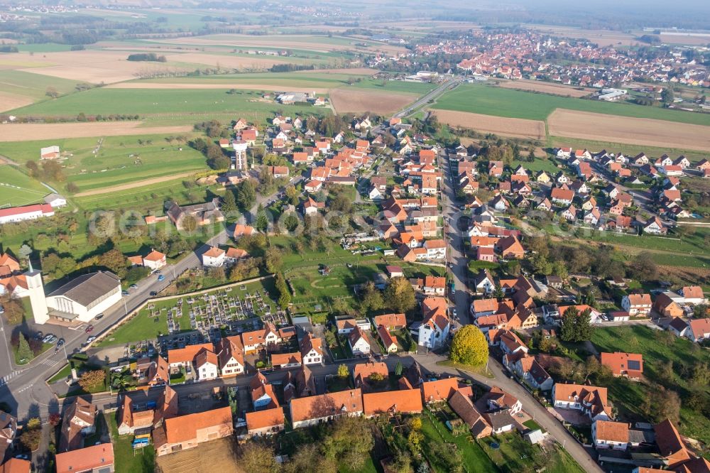 Aerial image Rittershoffen - Church building Eglise protestante de Rittershoffen in Rittershoffen in Grand Est, France