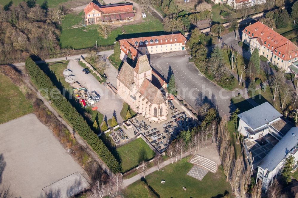 Aerial photograph Walbourg - Church building eglise Ste Walburge in Walbourg in Grand Est, France