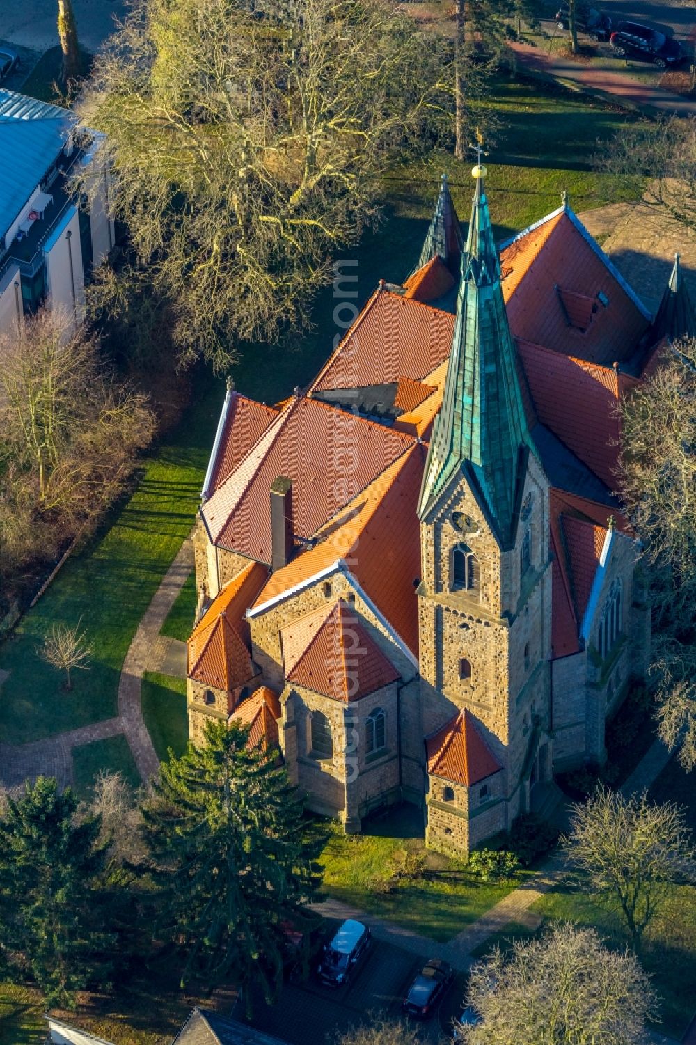 Holzwickede from above - Church building Evangelische Kirche am Markt on Goethestrasse in the district Brackel in Holzwickede in the state North Rhine-Westphalia, Germany