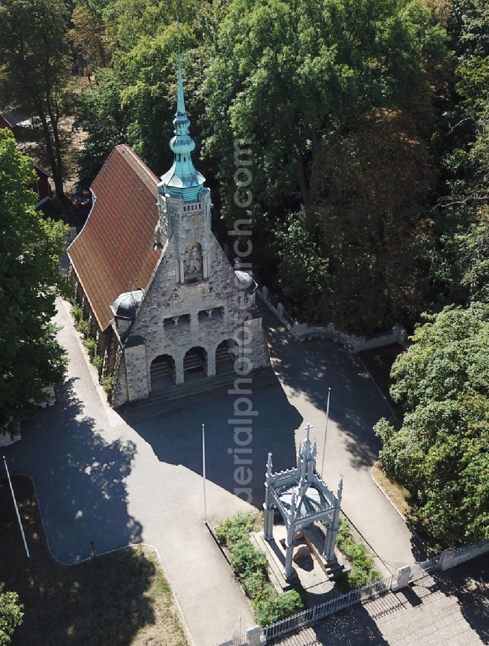 Aerial image Lützen - Church building Gustav-Adolf-Gedenkstaette on Gustav-Adolf-Strasse in Luetzen in the state Saxony-Anhalt, Germany