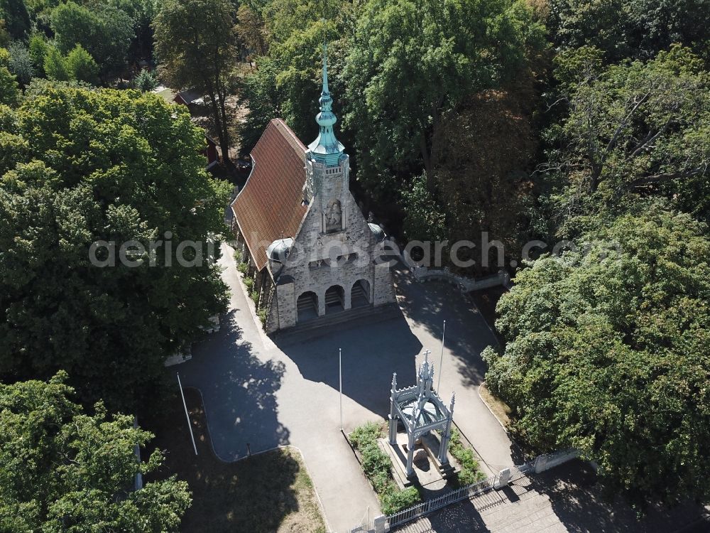 Aerial photograph Lützen - Church building Gustav-Adolf-Gedenkstaette on Gustav-Adolf-Strasse in Luetzen in the state Saxony-Anhalt, Germany