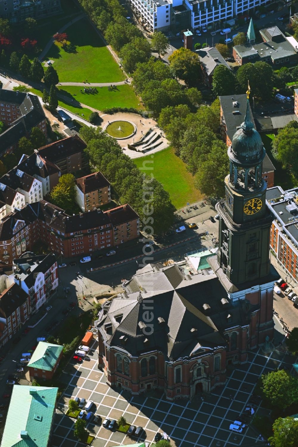 Hamburg from above - Church building Hauptkirche St. Michaelis with Blick auf Neustadt in Hamburg, Germany