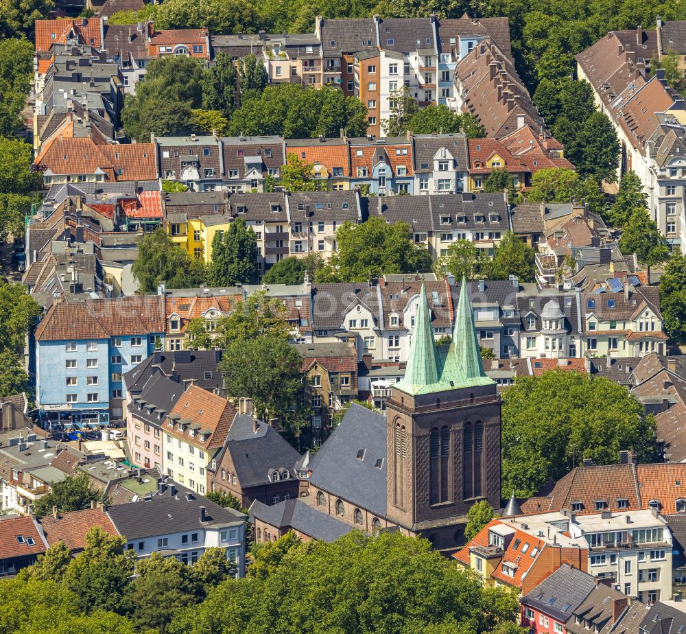 Dortmund from above - Church building Heilig-Kreuz-Kirche in Dortmund at Ruhrgebiet in the state North Rhine-Westphalia, Germany