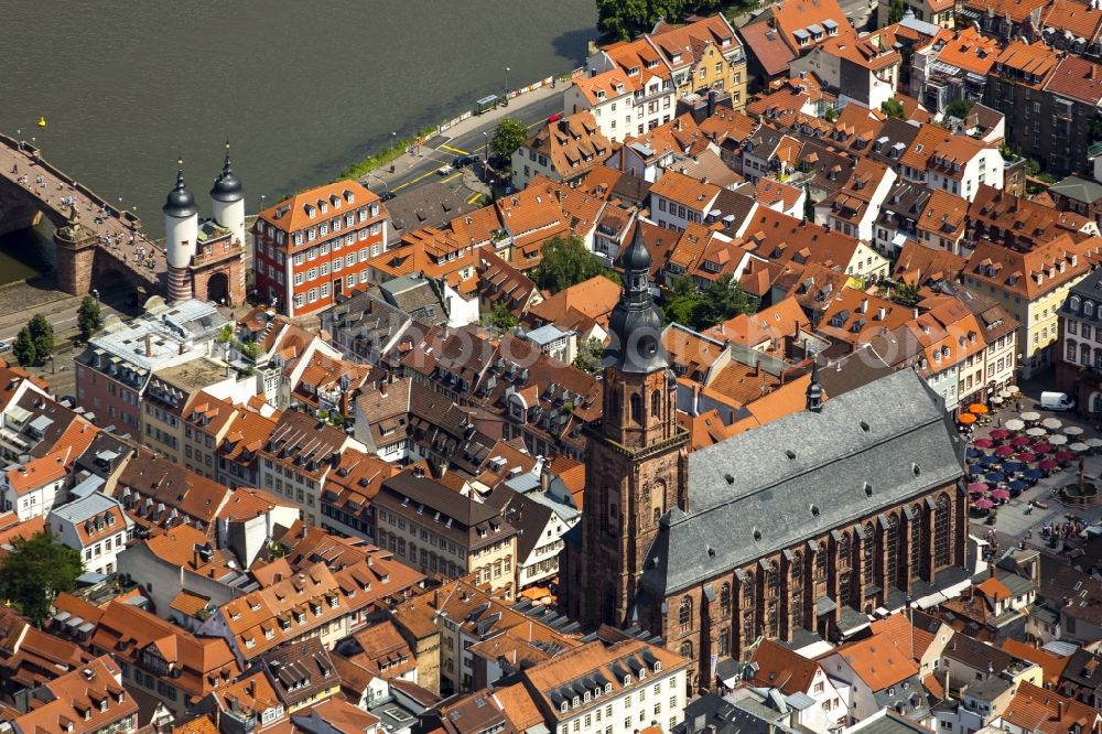 Aerial image Heidelberg - Church building Heiliggeistkirche in Heidelberg in the state Baden-Wuerttemberg