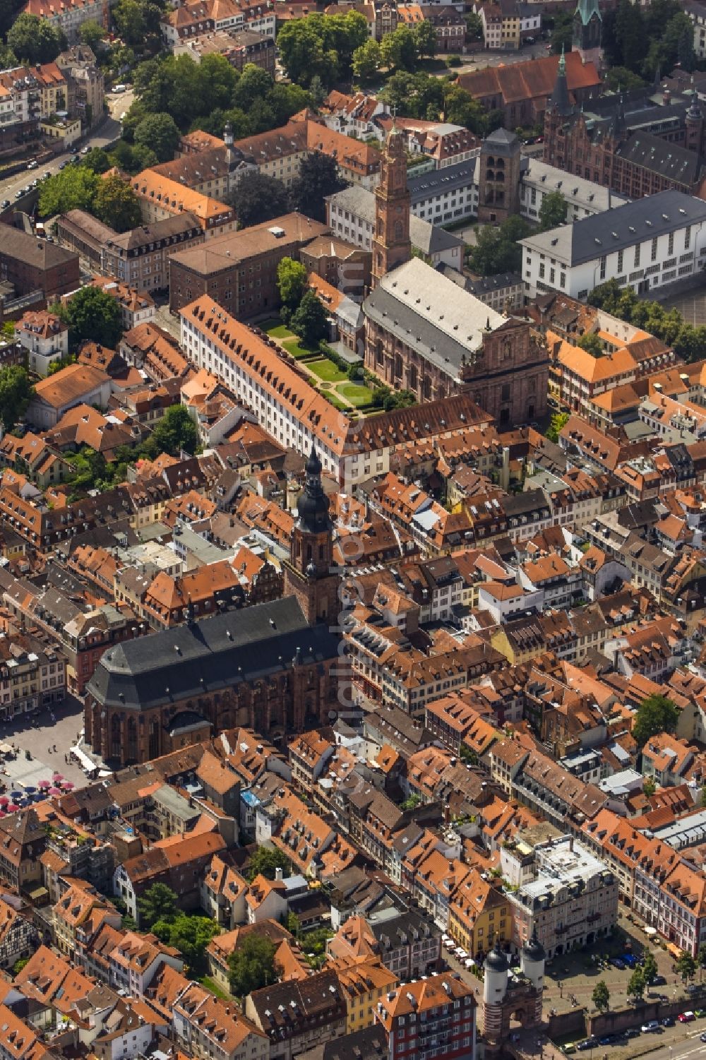 Aerial image Heidelberg - Church building Heiliggeistkirche in Heidelberg in the state Baden-Wuerttemberg