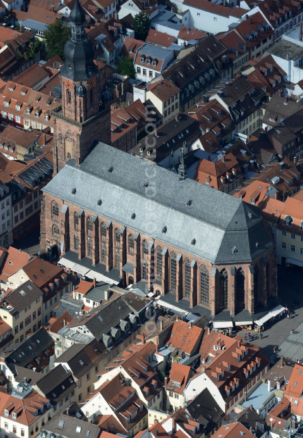 Heidelberg from above - Church building in Heiliggeistkirche am Marktplatz Old Town- center of downtown in Heidelberg in the state Baden-Wuerttemberg