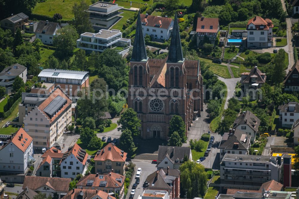 Aerial image Bregenz - Church building Herz Jesu on place Kolpingplatz in Bregenz at Bodensee in Vorarlberg, Austria