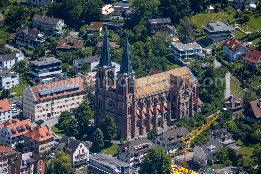 Aerial photograph Bregenz - Church building Herz Jesu on place Kolpingplatz in Bregenz at Bodensee in Vorarlberg, Austria