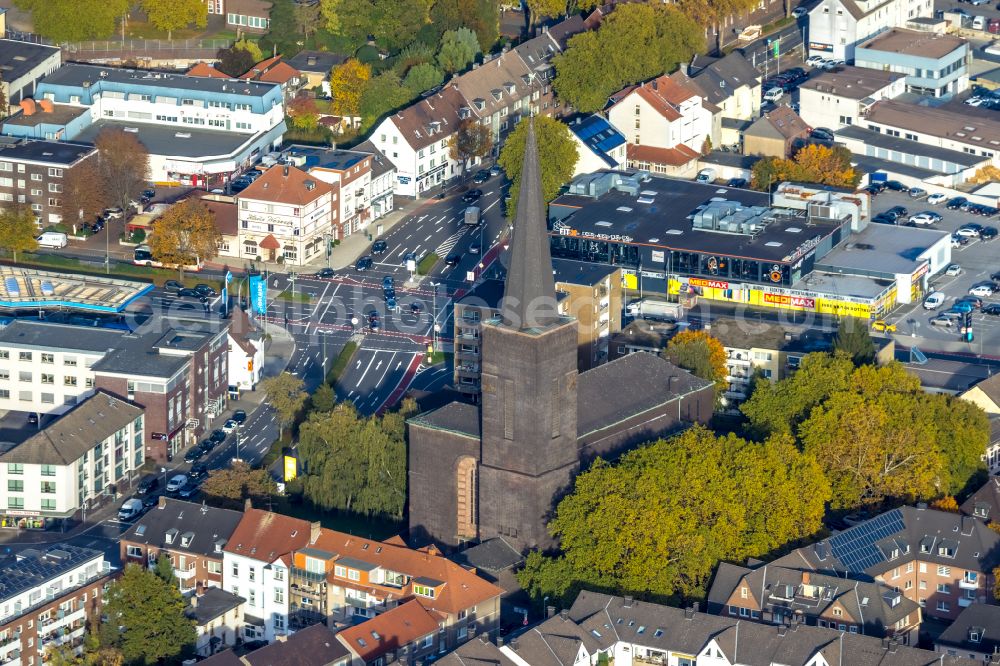 Bottrop from above - Church building Herz Jesu-Kirche Bottrop on Brauerstrasse - Prosperstrasse in Bottrop at Ruhrgebiet in the state North Rhine-Westphalia, Germany