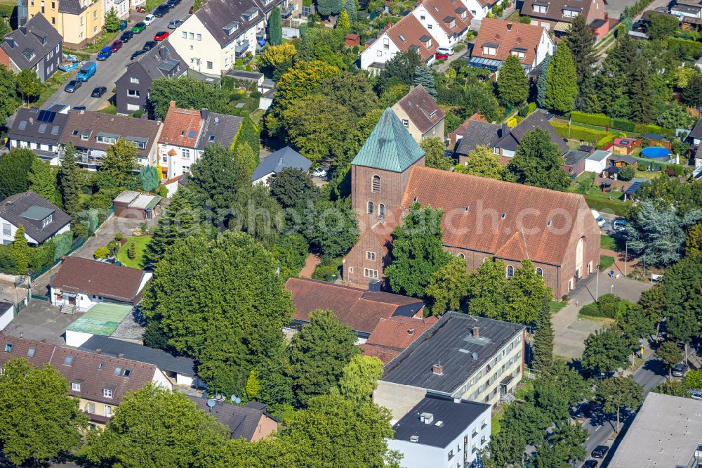 Gelsenkirchen from above - Church building Herz-Jesu-Kirche on street Ahornstrasse in the district Resse in Gelsenkirchen at Ruhrgebiet in the state North Rhine-Westphalia, Germany