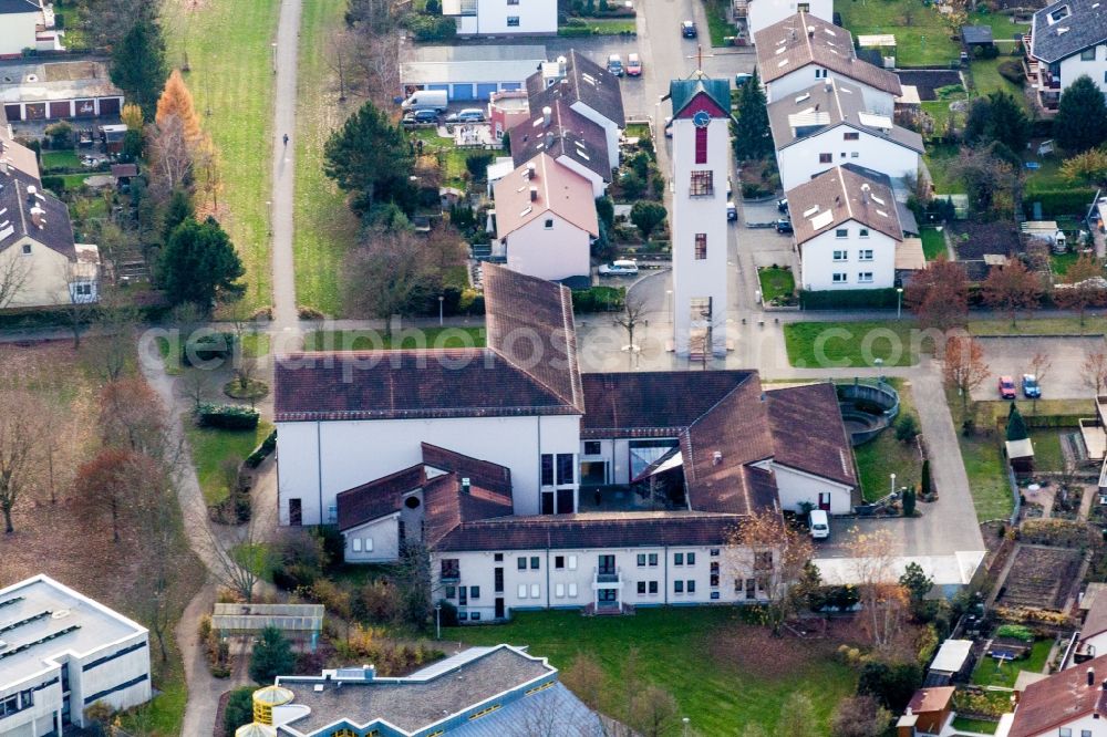 Aerial image Rastatt - Church building of Herz Jesu in Rastatt in the state Baden-Wuerttemberg, Germany