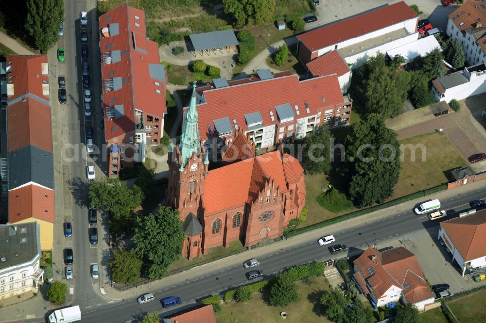 Bernau bei Berlin from above - Church building Herz-Jesu-Kirche at the Ulitzkastrasse in Bernau bei Berlin in the state Brandenburg