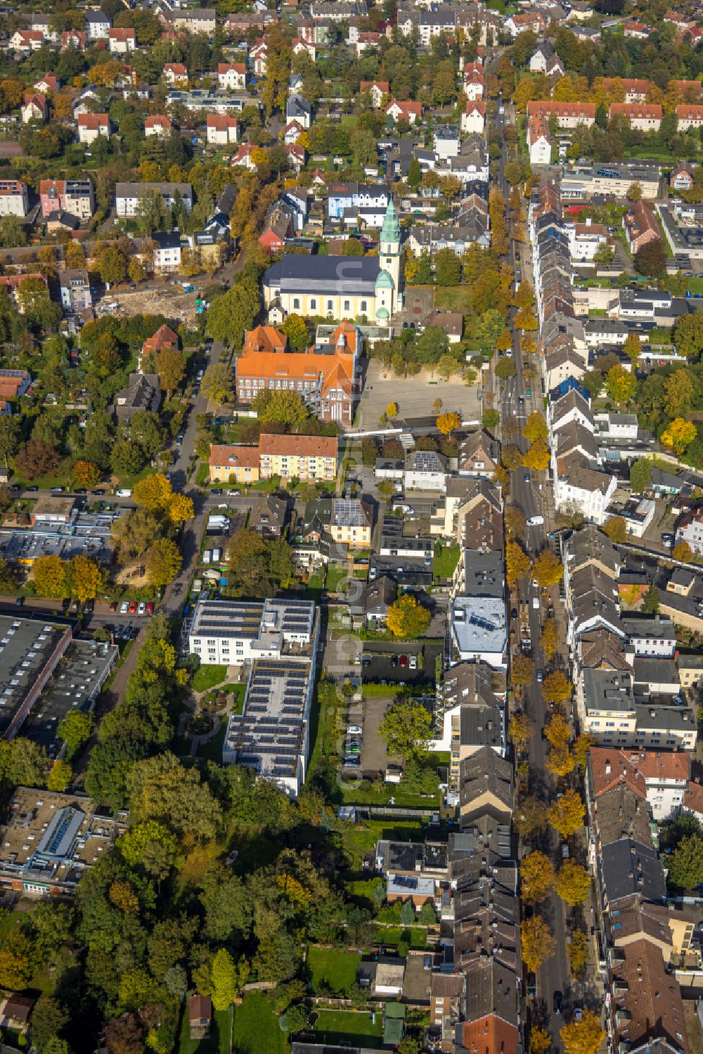 Aerial image Lünen - Church building Herz Jesu on street Josefstrasse in the district Brambauer in Luenen at Ruhrgebiet in the state North Rhine-Westphalia, Germany