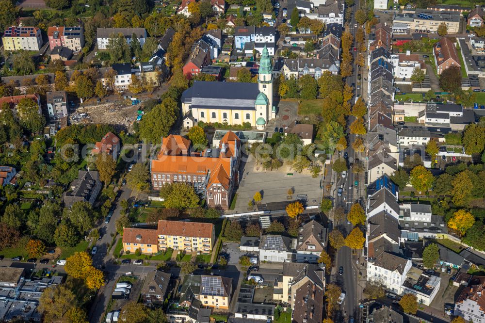 Aerial photograph Lünen - Church building Herz Jesu on street Josefstrasse in the district Brambauer in Luenen at Ruhrgebiet in the state North Rhine-Westphalia, Germany