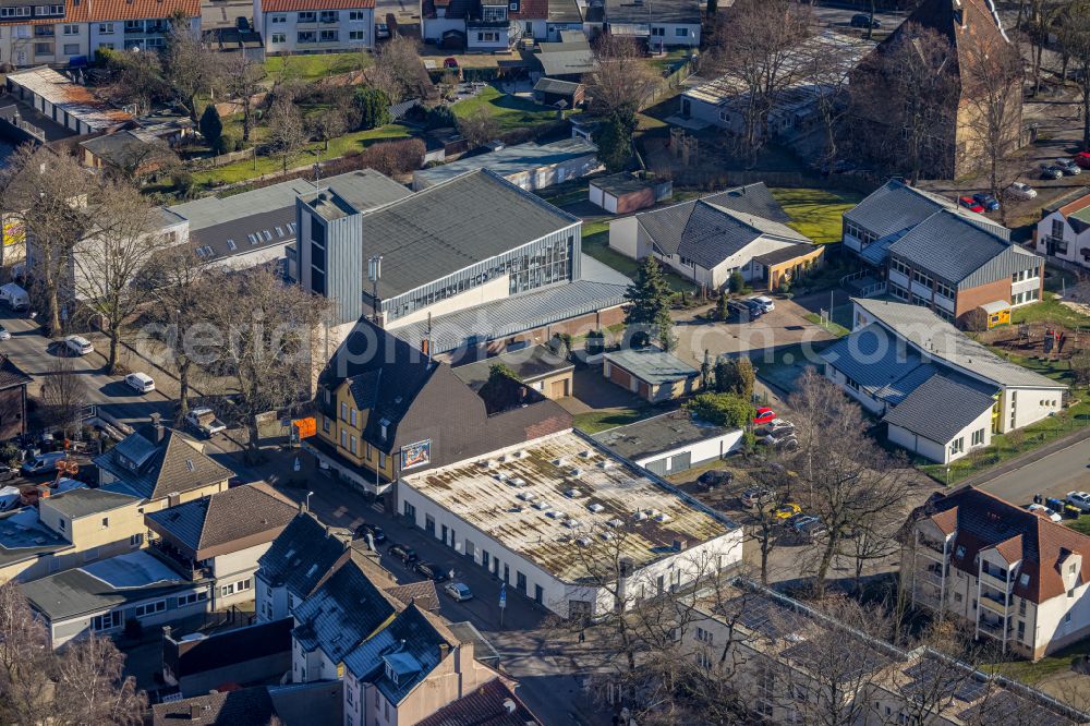 Niederaden from above - Church building Herz Mariae u. Herz Jesu on street Preussenstrasse in Niederaden at Ruhrgebiet in the state North Rhine-Westphalia, Germany