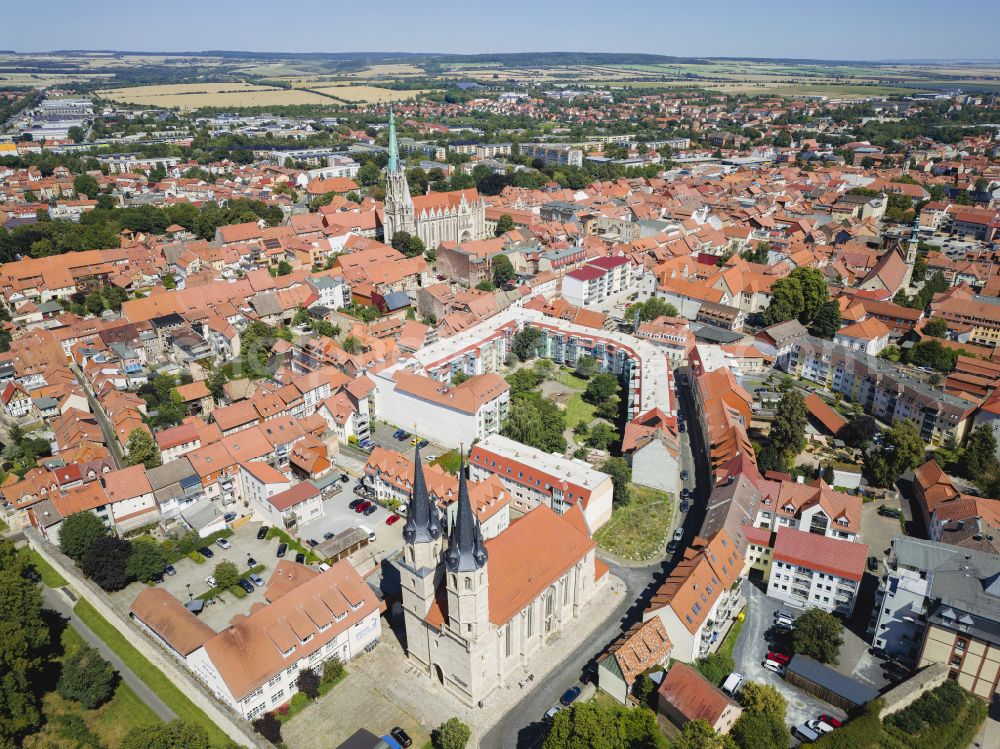 Aerial image Mühlhausen - Church building in St. Jacobi - Jacobikirche Old Town- center of downtown in Muehlhausen in the state Thuringia, Germany