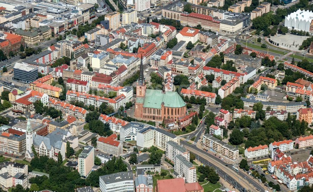 Stettin from above - Views of the St. James Cathedral or Church of St. James in Szczecin, Poland. The backsteingotischer Church is the largest church in Pomerania. The building is used by the Catholic Church as the Cathedral Church of the Archdiocese of Szczecin-Kamie?. Pope John Paul II. raised the Church in 1983 with the rank of a Basilica minor. The premiere of the famous Wedding March by Felix Mendelssohn Bartholdy was held in the Church of St. James. Cathedral of St. James or St. James Church of Szczecin