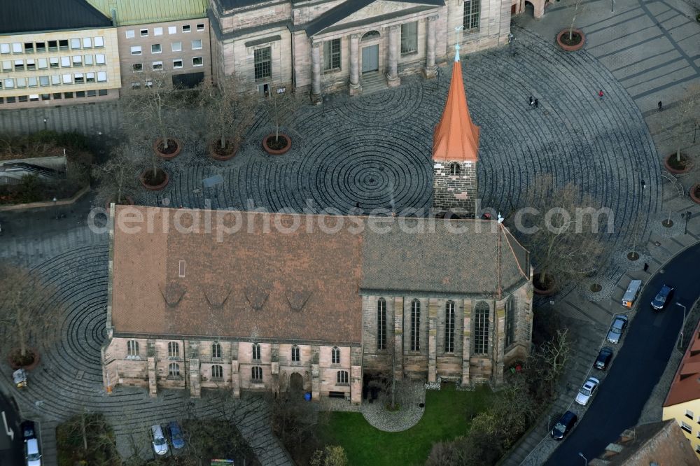 Aerial photograph Nürnberg - Church building in St. Jakob - Jakobskirche on place Jakobspatz in Old Town- center of downtown in the district Altstadt - Sankt Lorenz in Nuremberg in the state Bavaria, Germany