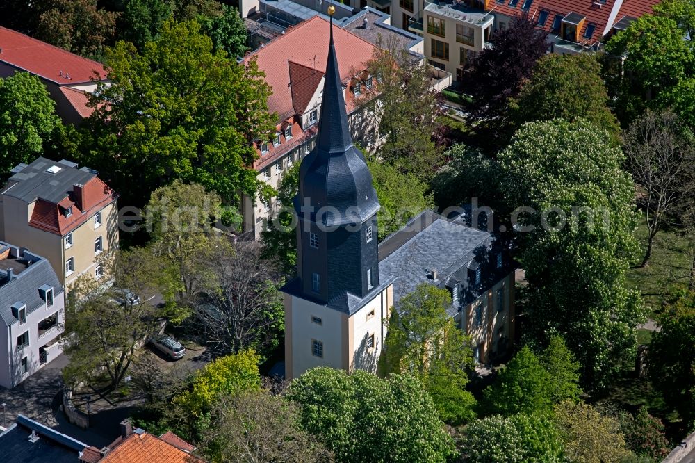 Weimar from above - Church building Jakobskirche Am Jakobskirchhof in Weimar in the state Thuringia, Germany