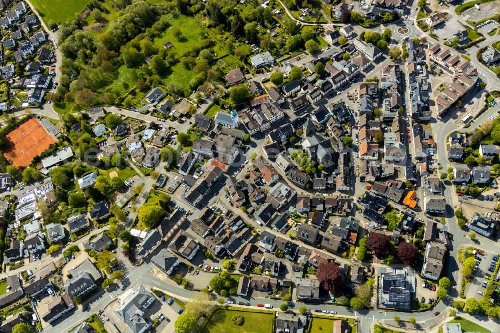 Breckerfeld from above - Church building in of Jakobus-Kirche Old Town- center of downtown in Breckerfeld in the state North Rhine-Westphalia, Germany