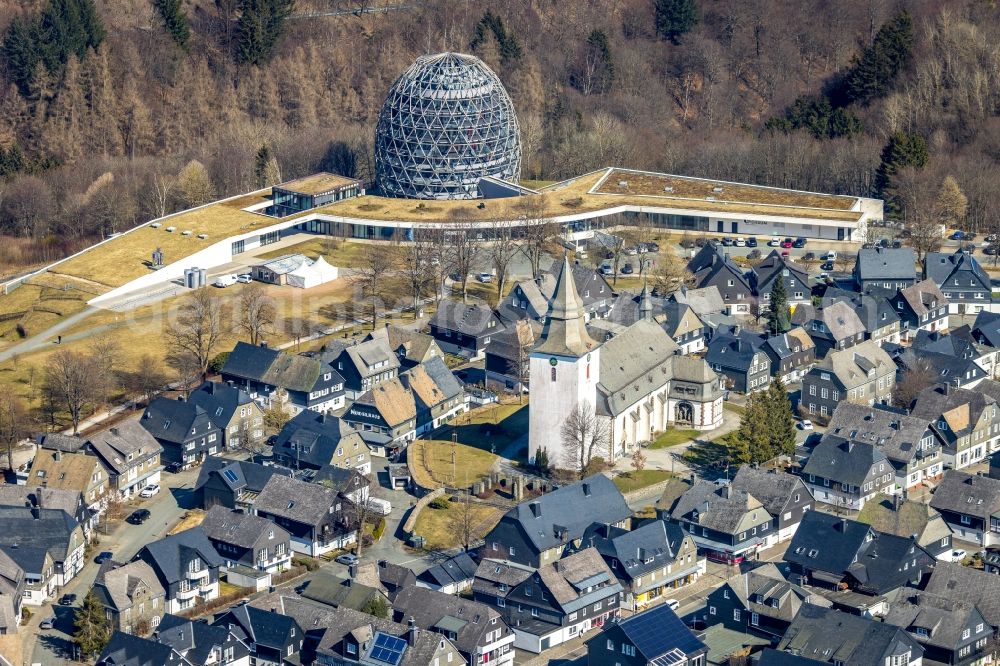 Winterberg from above - Church building of St.-Jakobus-Kirche and the Oversum Vital Resort in Winterberg at Sauerland in the state North Rhine-Westphalia, Germany