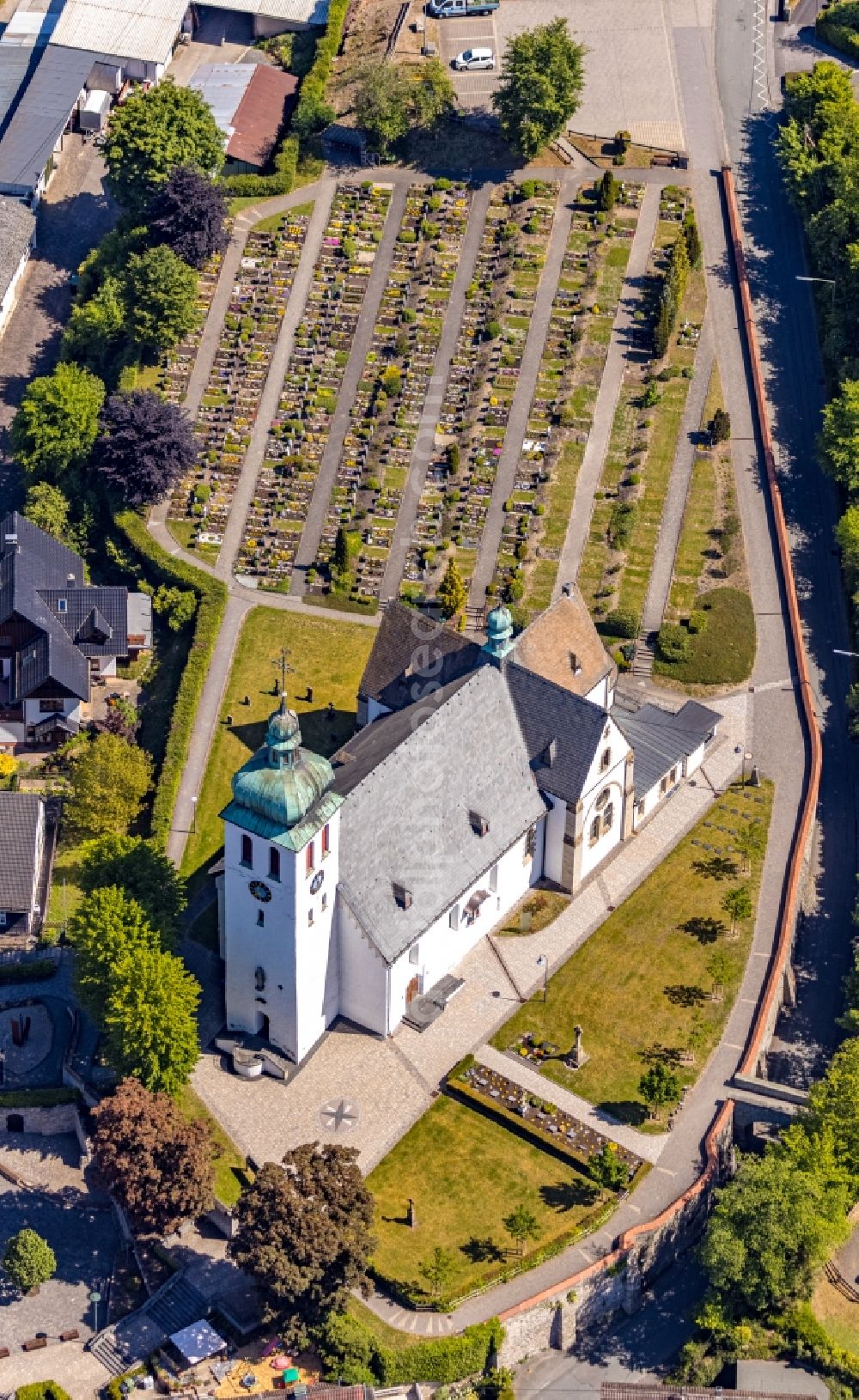 Aerial image Elspe - Church building St. Jakobus of Aeltere in Elspe in the state North Rhine-Westphalia, Germany