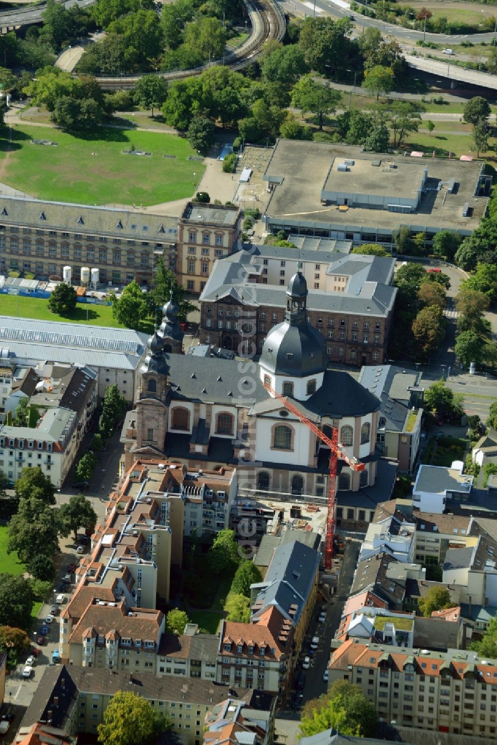 Aerial photograph Mannheim - Church building Jesuitenkirche A4 2 in Mannheim in the state Baden-Wuerttemberg