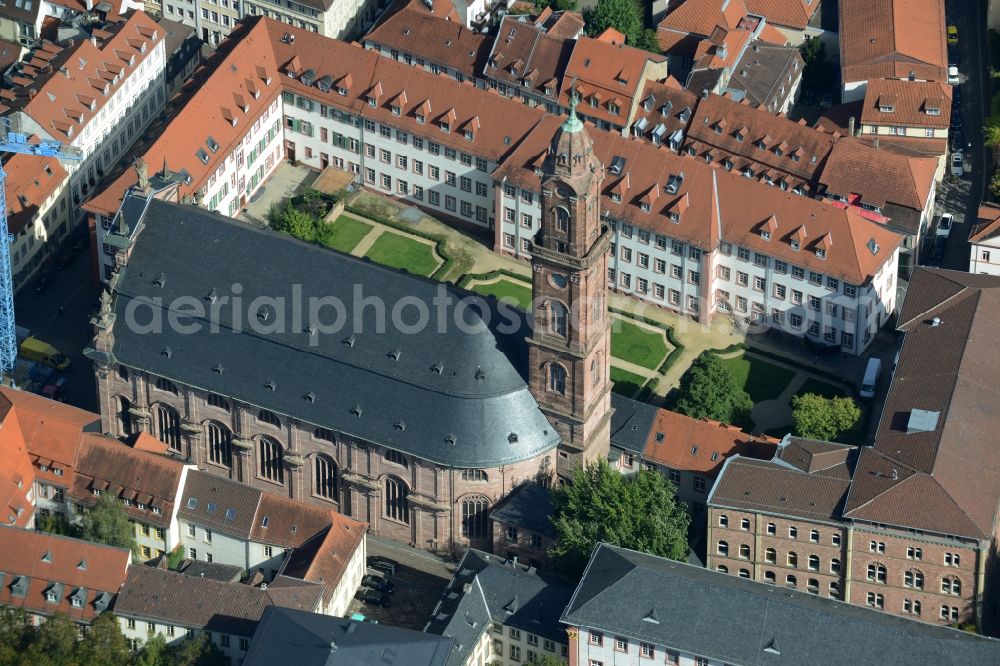 Aerial image Heidelberg - Church building Jesuitenkirche der Seelsorgeeinheit Heidelberg Neckartal in Heidelberg in the state Baden-Wuerttemberg