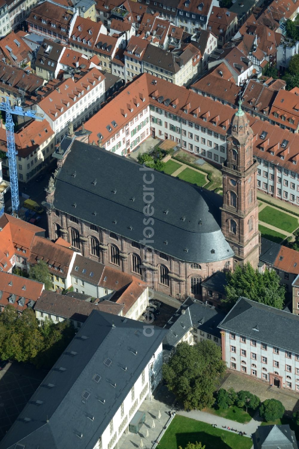 Aerial photograph Heidelberg - Church building Jesuitenkirche der Seelsorgeeinheit Heidelberg Neckartal in Heidelberg in the state Baden-Wuerttemberg