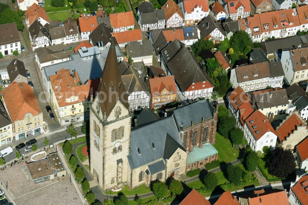 Warburg from above - Church building in St. Johannes Old Town- center of downtown in Warburg in the state North Rhine-Westphalia, Germany