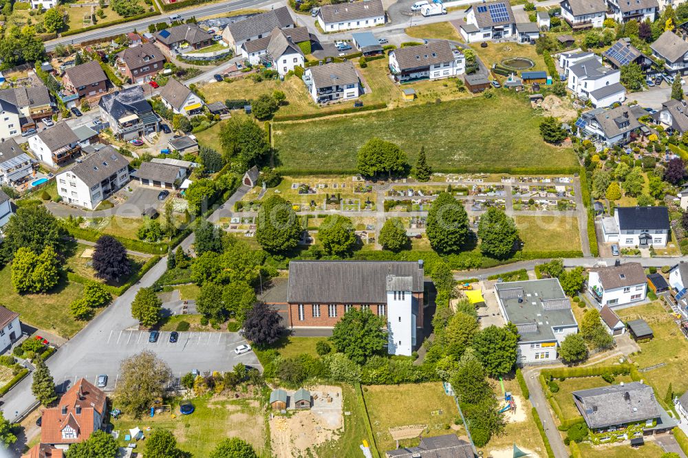 Langenholthausen from above - Church building St. Johannes Baptist on street Sunderner Strasse in Langenholthausen in the state North Rhine-Westphalia, Germany