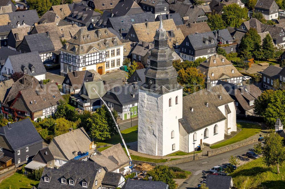 Eversberg from above - Church building St.-Johannes-Evangelist-Kirche in Eversberg at Sauerland in the state North Rhine-Westphalia, Germany