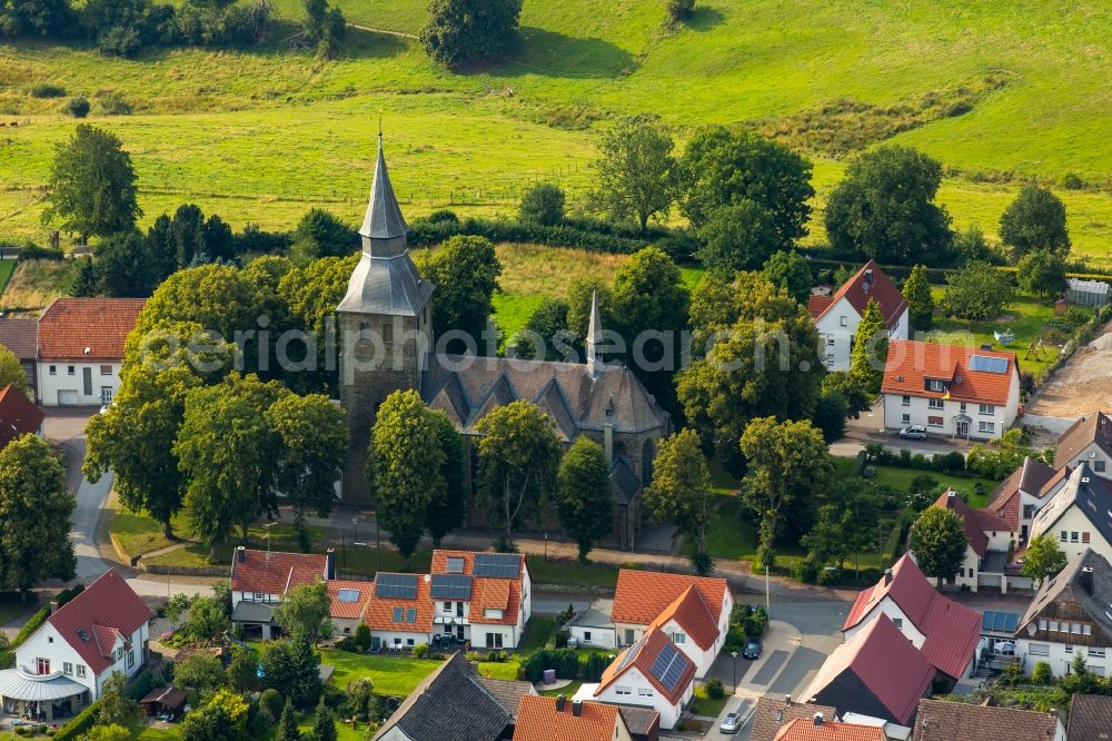 Rüthen from above - Church building St. Johannes Kirche in Ruethen in the state North Rhine-Westphalia