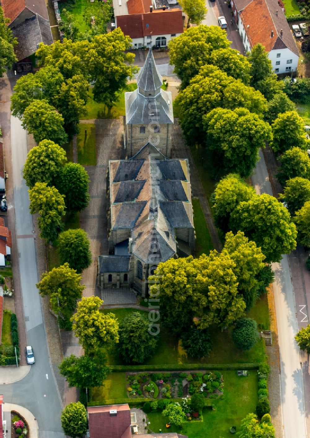 Rüthen from above - Church building St. Johannes Kirche in Ruethen in the state North Rhine-Westphalia