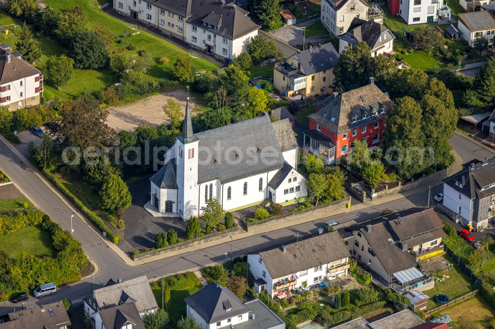 Kreuztal from above - Church building St. Johannes on street Pfarrstrasse in the district Littfeld in Kreuztal at Siegerland in the state North Rhine-Westphalia, Germany