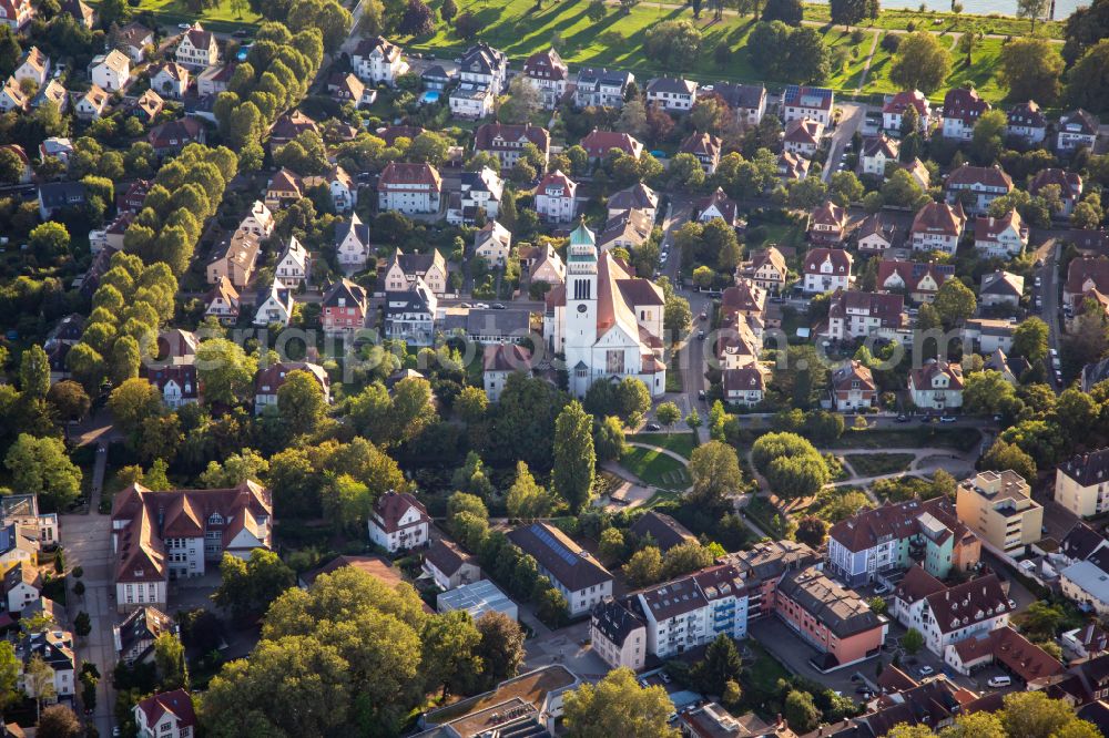 Kehl from above - Church building of St. Johannes Nepomuk Kirche on street Gustav-Weis-Strasse in Kehl in the state Baden-Wuerttemberg, Germany