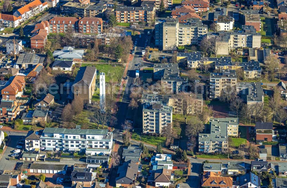 Werne from above - Church building St. Johannes on street Holtkamp in Werne at Ruhrgebiet in the state North Rhine-Westphalia, Germany