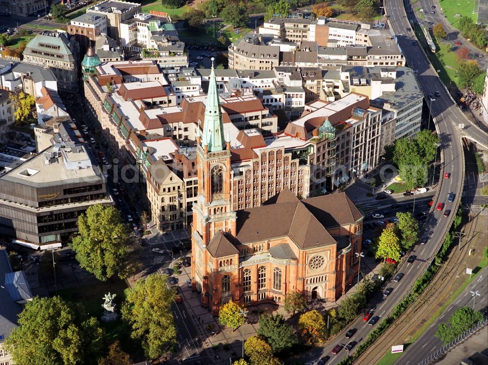 Düsseldorf from the bird's eye view: Church building Johanneskirche on Martin-Luther-Platz in Duesseldorf in the state North Rhine-Westphalia, Germany