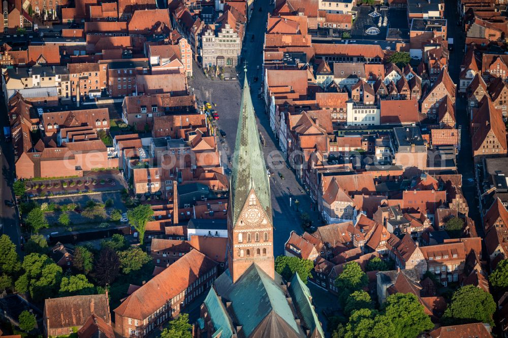 Aerial image Lüneburg - Church building in St. Johannis Old Town- center of downtown in Lueneburg in the state Lower Saxony, Germany