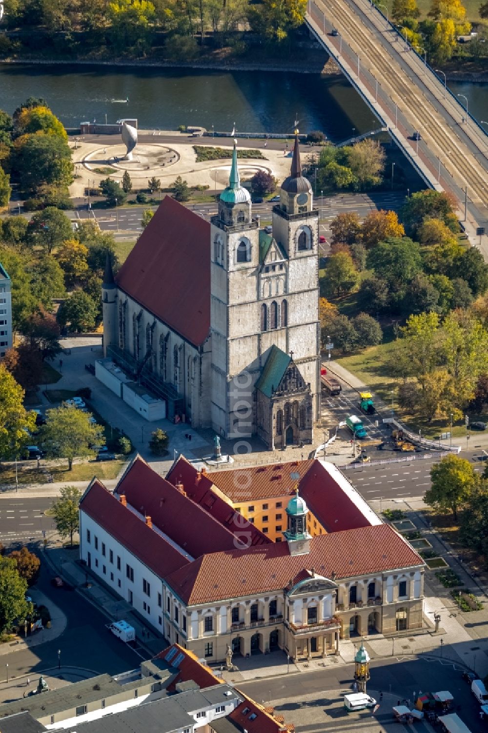 Magdeburg from above - Church building Johanniskirche on Johannisbergstrasse in the district Altstadt in Magdeburg in the state Saxony-Anhalt