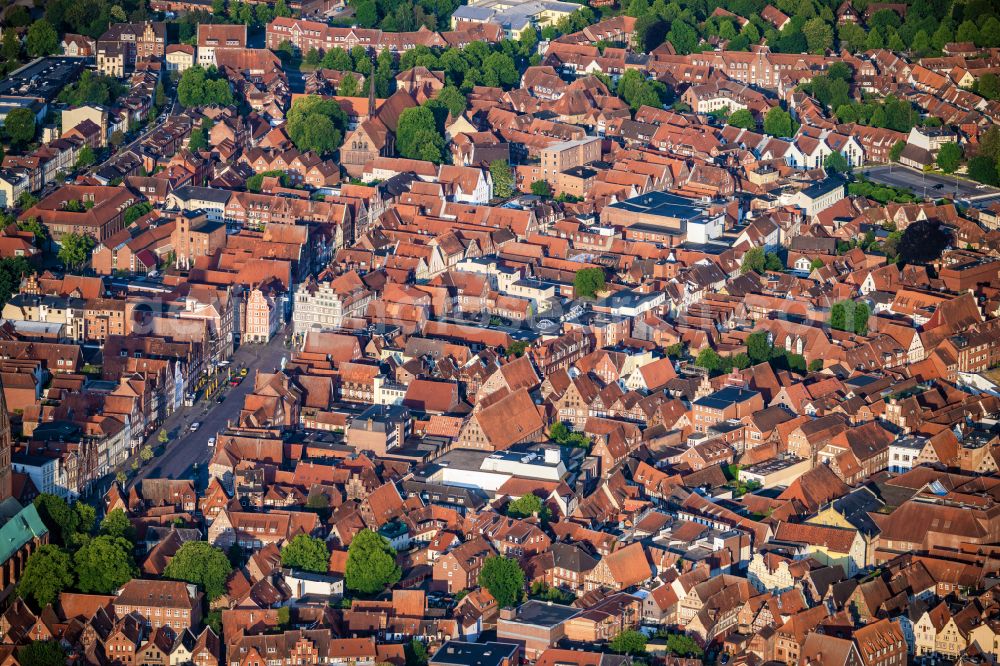 Lüneburg from above - Church building of the St. Johanniskirche in the old town in Lueneburg in the state Lower Saxony, Germany