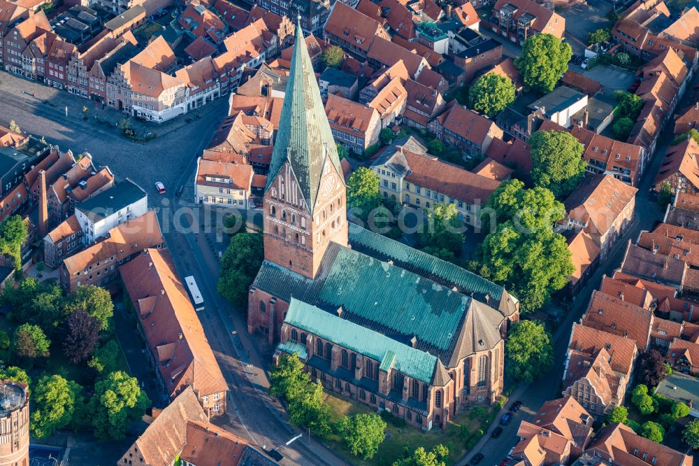 Lüneburg from above - Church building of the St. Johanniskirche in the old town in Lueneburg in the state Lower Saxony, Germany