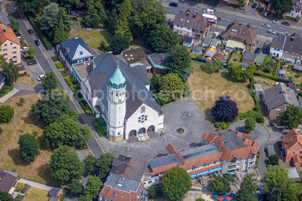 Castrop-Rauxel from the bird's eye view: Church building St. Josef on street Lessingstrasse in the district Habinghorst in Castrop-Rauxel at Ruhrgebiet in the state North Rhine-Westphalia, Germany