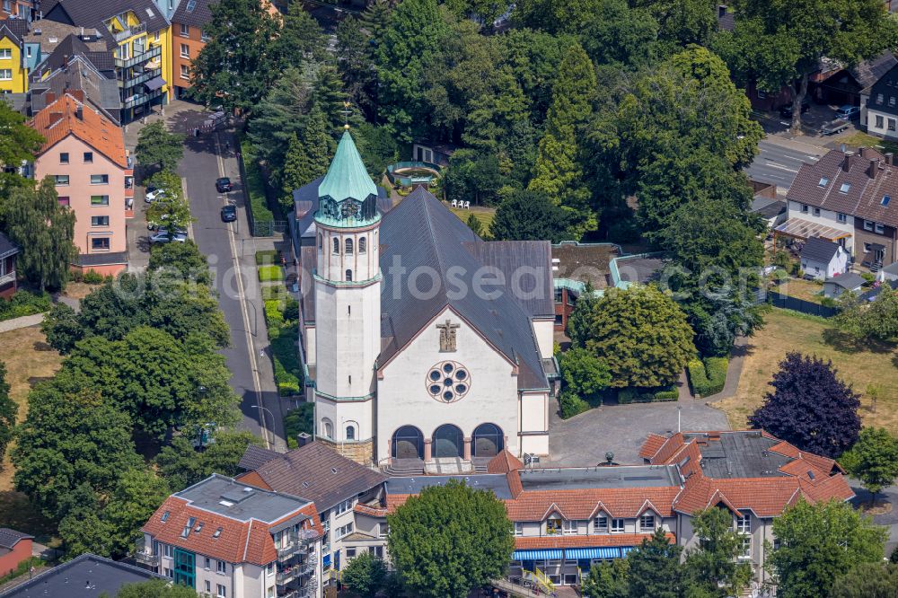 Aerial image Castrop-Rauxel - Church building St. Josef on street Lessingstrasse in the district Habinghorst in Castrop-Rauxel at Ruhrgebiet in the state North Rhine-Westphalia, Germany