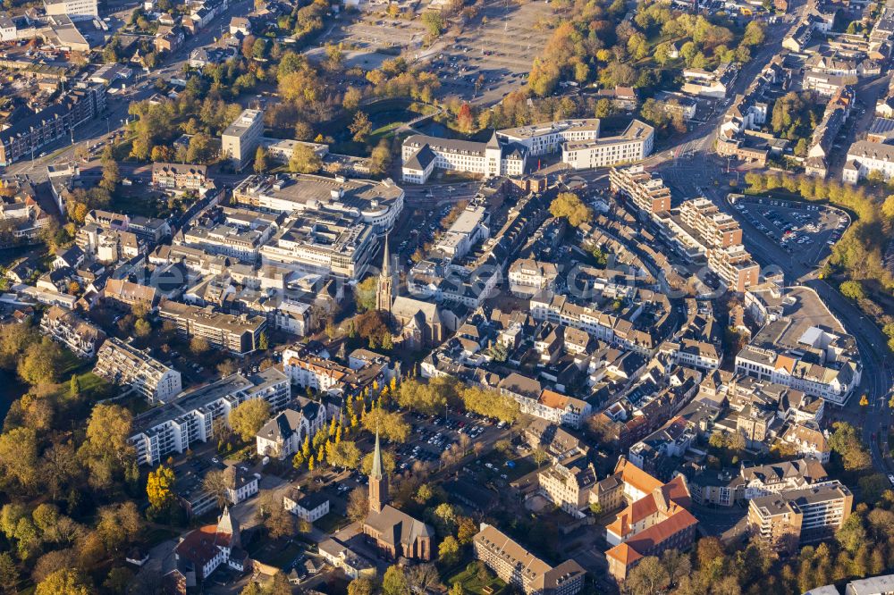 Moers from above - Church building of the St. Joseph's Church, a Catholic parish church at the castle opposite the city park and town hall in the old town center of the city center in Moers in the federal state of North Rhine-Westphalia