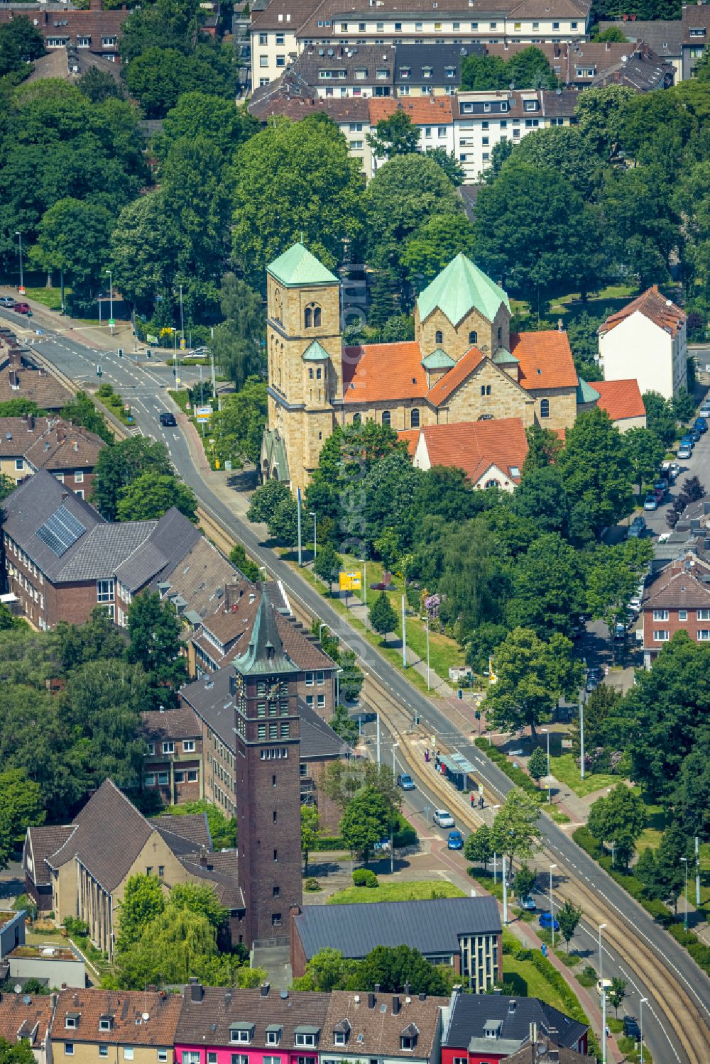 Herne from the bird's eye view: Church building St. Joseph and ICC Wanne-Eickel on Zeppelinstrasse - Hauptstrasse in Herne at Ruhrgebiet in the state North Rhine-Westphalia, Germany