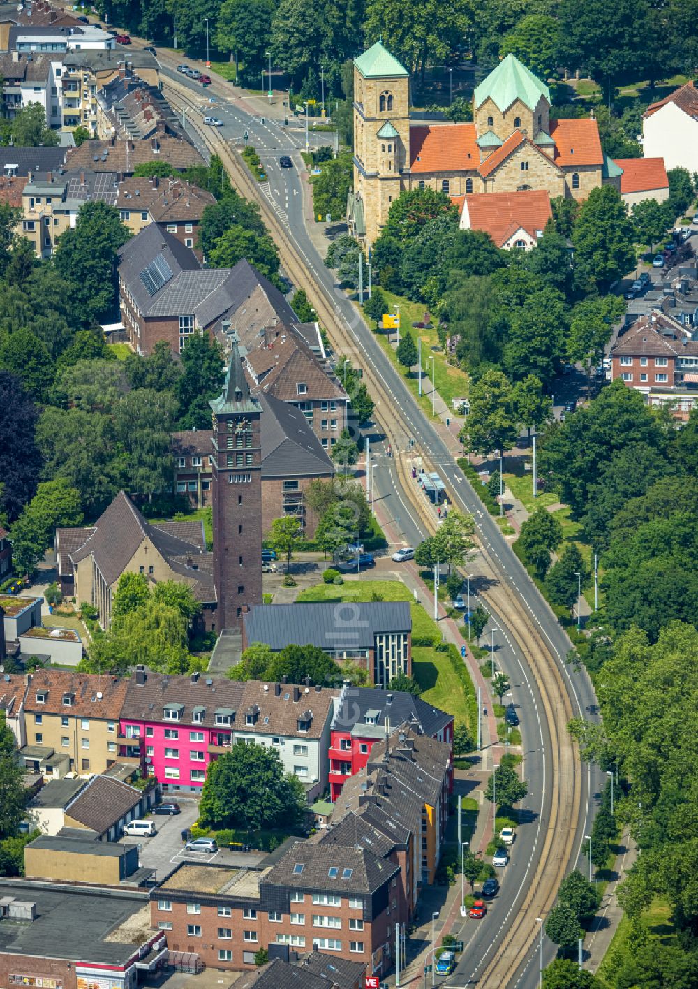 Aerial image Herne - Church building St. Joseph and ICC Wanne-Eickel on Zeppelinstrasse - Hauptstrasse in Herne at Ruhrgebiet in the state North Rhine-Westphalia, Germany