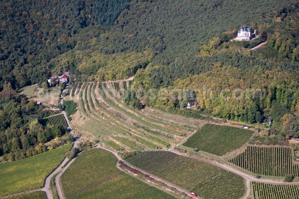 Burrweiler from the bird's eye view: Churches building the chapel St. Anna Kapelle auf dem Annaberg in Burrweiler in the state Rhineland-Palatinate