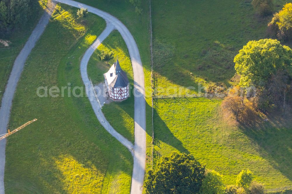 Detmold from the bird's eye view: Church building of the chapel Kapellenschule in the Paderborn village in the open-air museum in Detmold in the state North Rhine-Westphalia, Germany