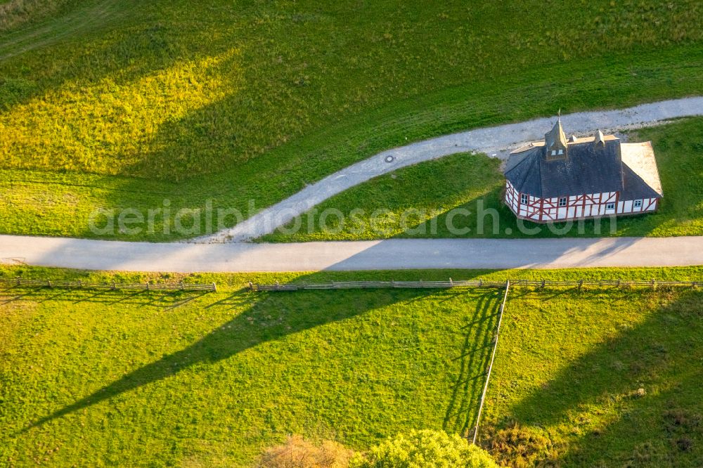 Detmold from above - Church building of the chapel Kapellenschule in the Paderborn village in the open-air museum in Detmold in the state North Rhine-Westphalia, Germany